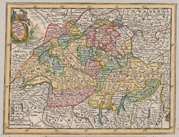 Landkarte „Novissima foederatorum Helvetiorum tabula“ mit Flächenkolorit, in verschiedenen Atlanten in der Zeit zwischen 1717 und 1762 in Nürnberg erschienen. Zentralbibliothek Zürich, 3 Hb 04:9. Repro: ZB Zürich