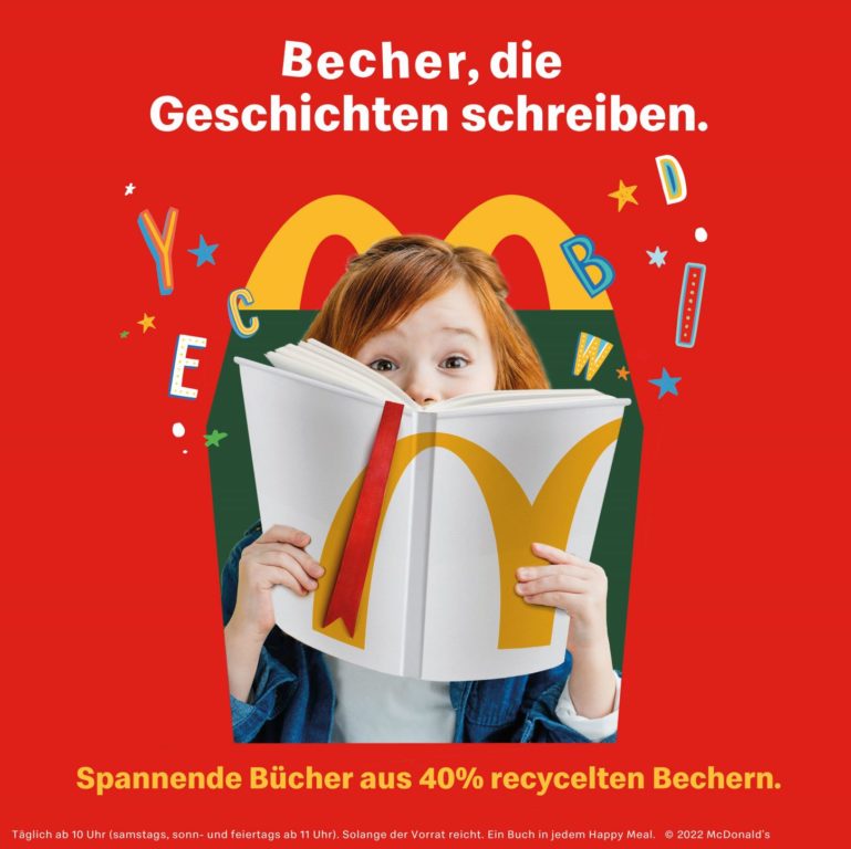 Aktuellste Promotion: „Happy Meal“-Bücher bestehen zu 40 Prozent aus recycelten Bechern. Foto: Mc Donald‘s