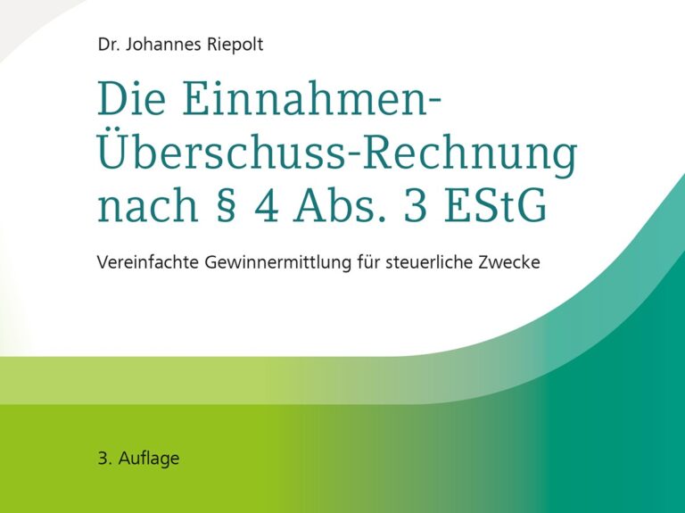 Dr. Johannes Riepolt: „Die Einnahmen-Überschuss-Rechnung nach § 4 Abs. 3 EstG“, 3. Auflage, Datev eG, Nürnberg, 192 Seiten, Preis (Print): 24,99 Euro, Preis (E-Book): 21,99 Euro, ISBN (Print): 978-3-96276-145-5, ISBN (E-Book): 978-3-96276-146-2. Cover: Verlag