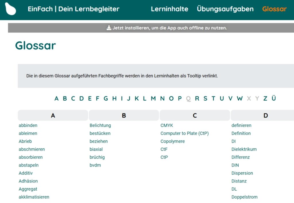 Umfassendes Glossar mit 250 Fachbegriffen. Screenshot: Frank Baier