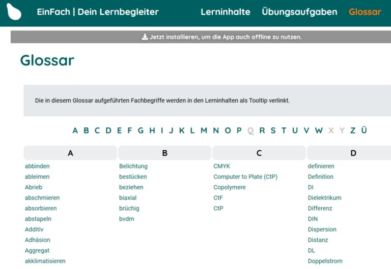 Umfassendes Glossar mit 250 Fachbegriffen. Screenshot: Frank Baier
