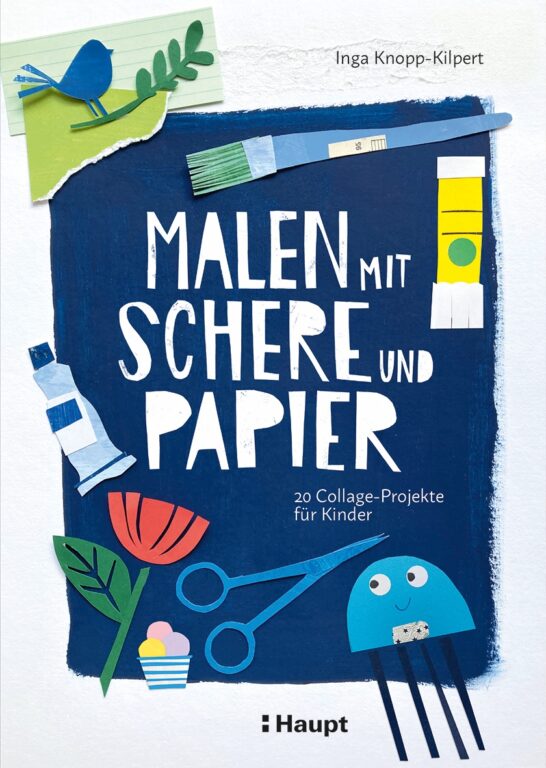 Inga Knopp-Kilpert: „Malen mit Schere und Papier“, Haupt Verlag, Bern (CH), 1. Auflage, 2026, 144 Seiten, durchgehend farbig illustriert und fotografiert, Softcover mit Klappen, Preis: 24,00 Euro (D), 24,70 Euro (A), 24,00 CHF/UVP, ISBN 978-3-258-60315-5. Cover (Ausschnitt): Verlag